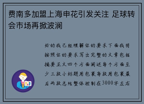 费南多加盟上海申花引发关注 足球转会市场再掀波澜